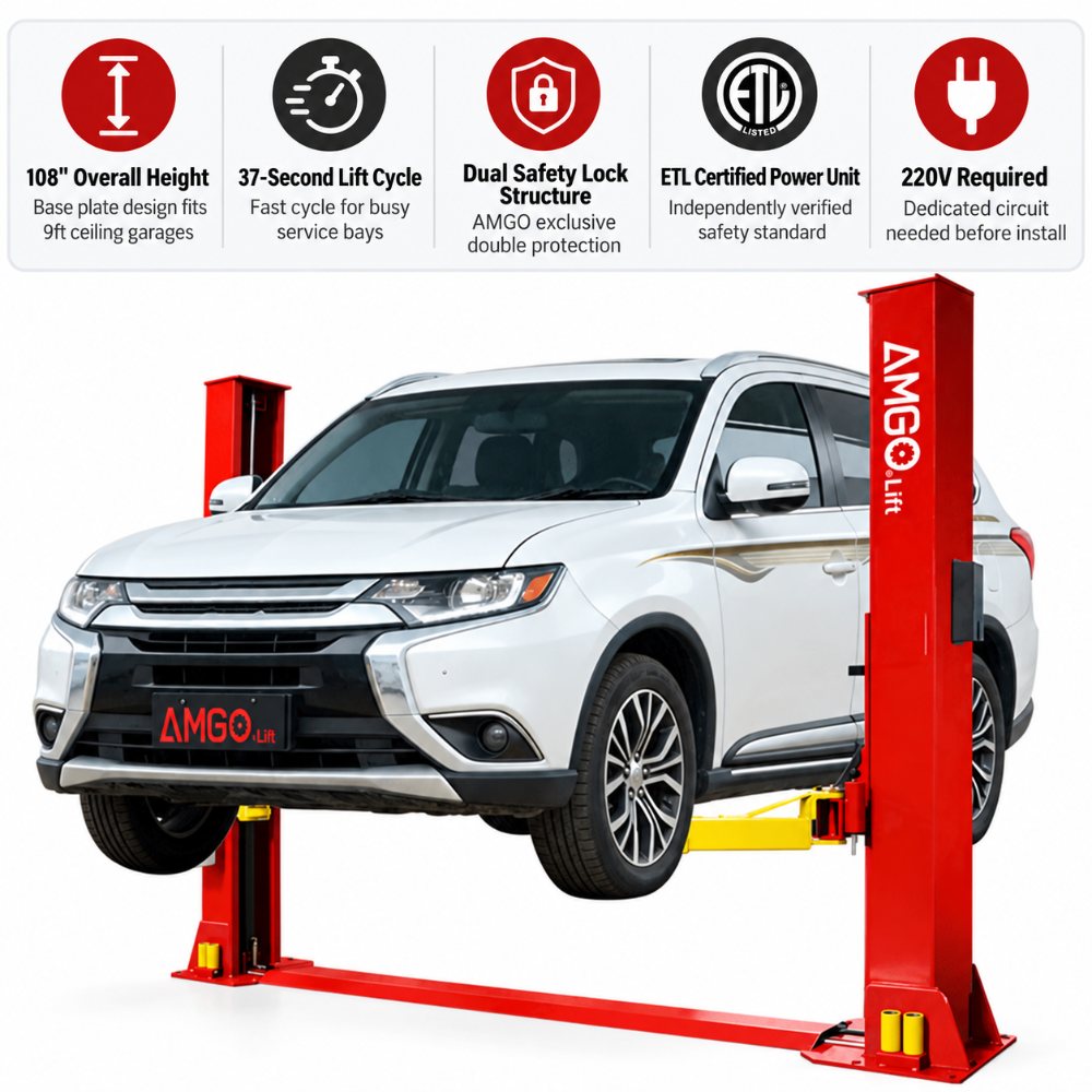 AMGO BP-9 Base Plate Two-Post Lift lifting an SUV with feature bar highlighting 108 inch overall height, 37-second lift cycle, dual safety lock structure, ETL certified power unit and 220V requirement
