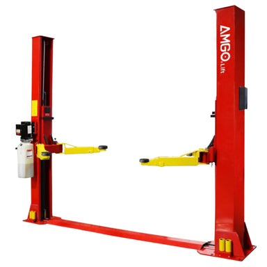AMGO BP-9 Base Plate Two-Post Lift product view with red columns, yellow lifting arms and base plate floor connection