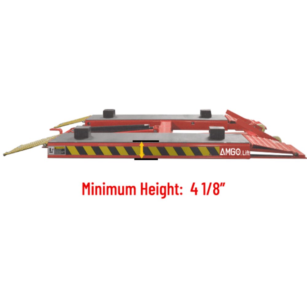 AMGO LR06 Portable Low-Rise Lift lowered to its 4 1/8-inch minimum height for low-clearance vehicles