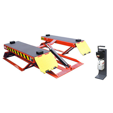 AMGO LR06 Portable Low-Rise Lift product view with dual low-rise platforms, yellow approach ramps and detachable power unit stand