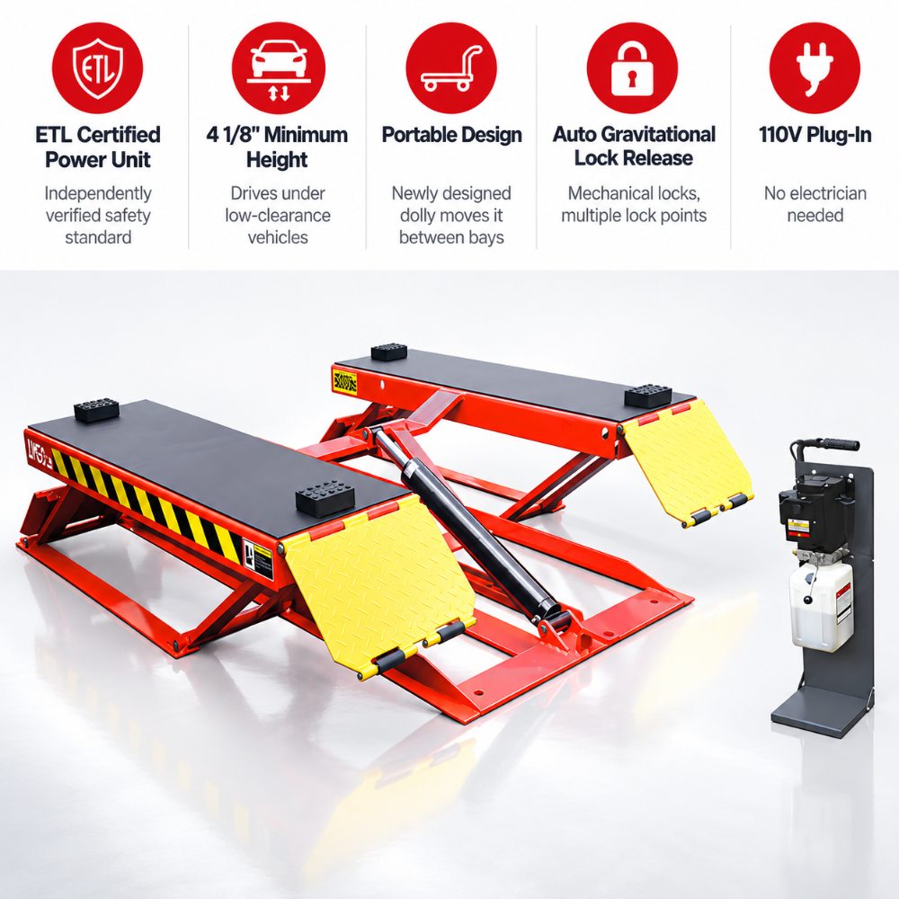 AMGO LR06 Portable Low-Rise Lift with ETL certified power unit, 4 1/8-inch minimum height, portable design, automatic gravitational lock release and 110V plug-in operation
