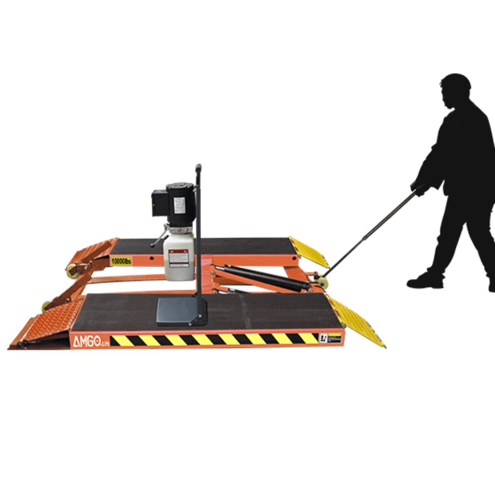 AMGO LR10 Portable Low-Rise Lift portable design being moved to the service bay