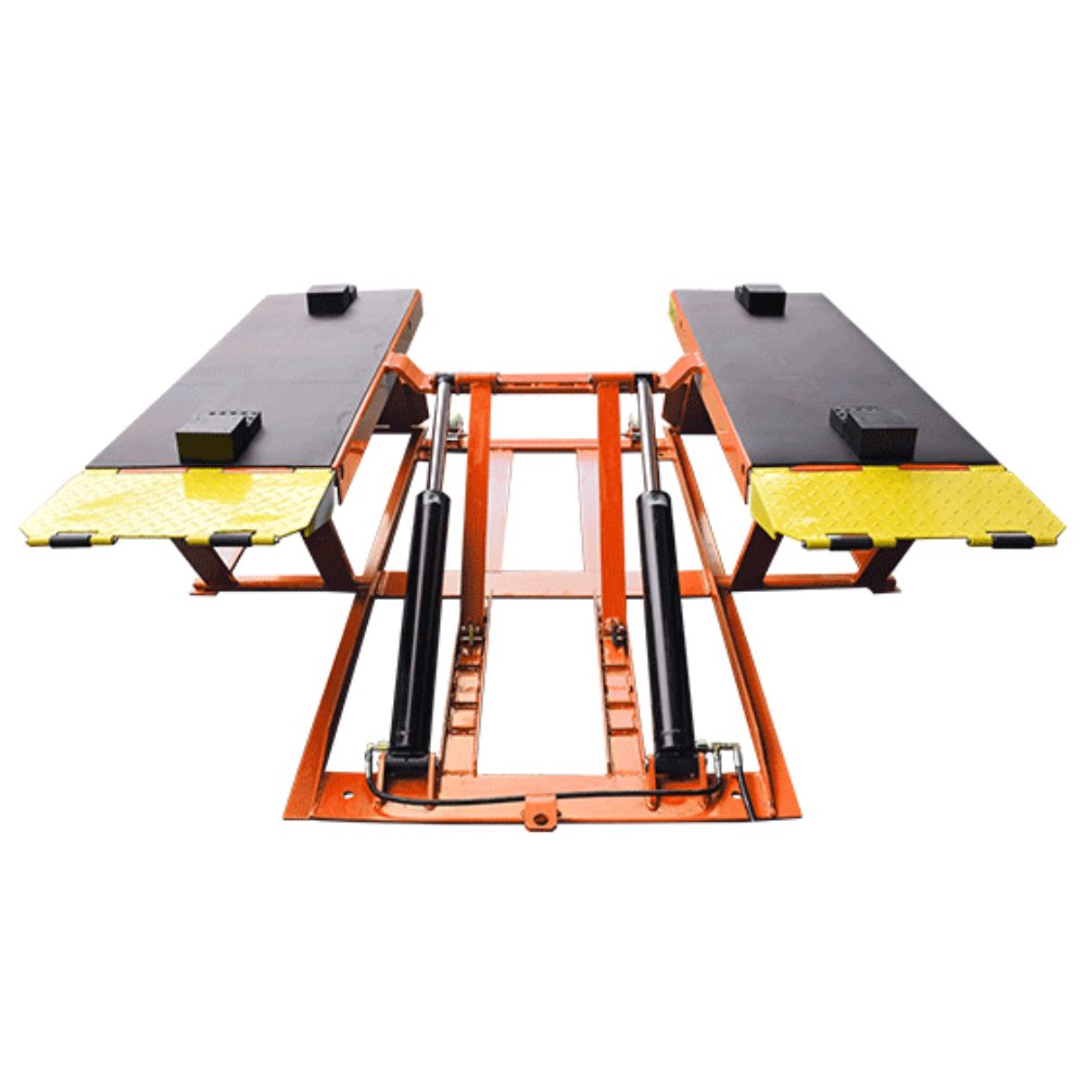 AMGO LR10 Portable Low-Rise Lift showing mechanical locks with multiple lock points and automatic gravitational lock-release mechanism