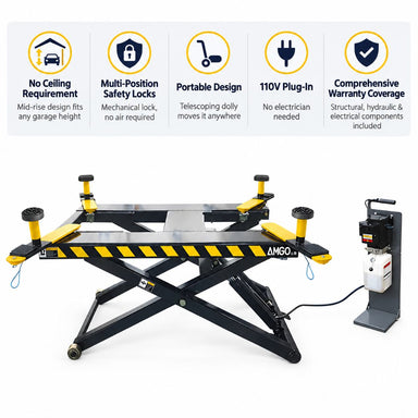 AMGO MR06 Portable Mid-Rise Scissor Lift feature image showing safety locks, portable design and 110V operation