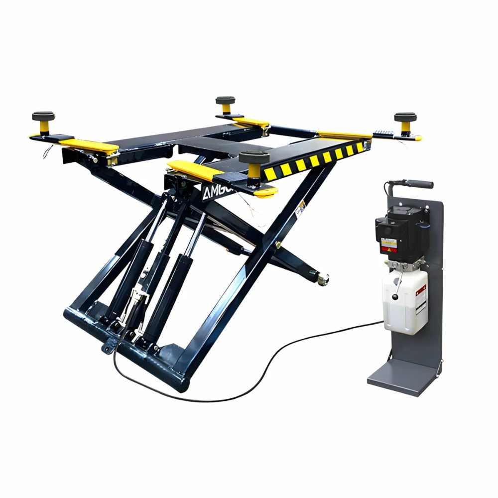 AMGO MR06 Portable Mid-Rise Scissor Lift raised with four swing arms and detachable power unit