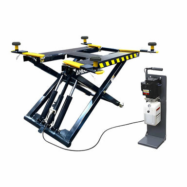 AMGO MR06 Portable Mid-Rise Scissor Lift raised with four swing arms and detachable power unit