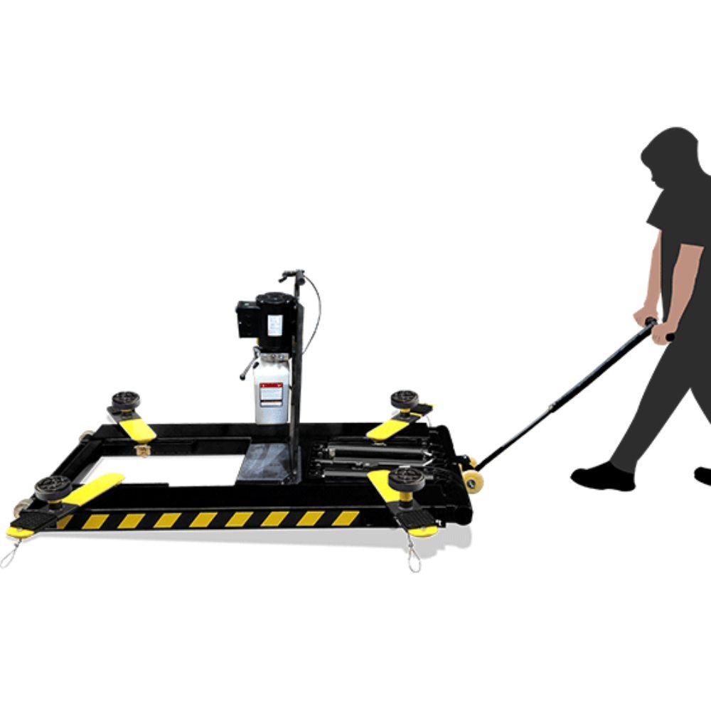 AMGO MR06 Portable Mid-Rise Scissor Lift shown being pulled with its portable moving dolly