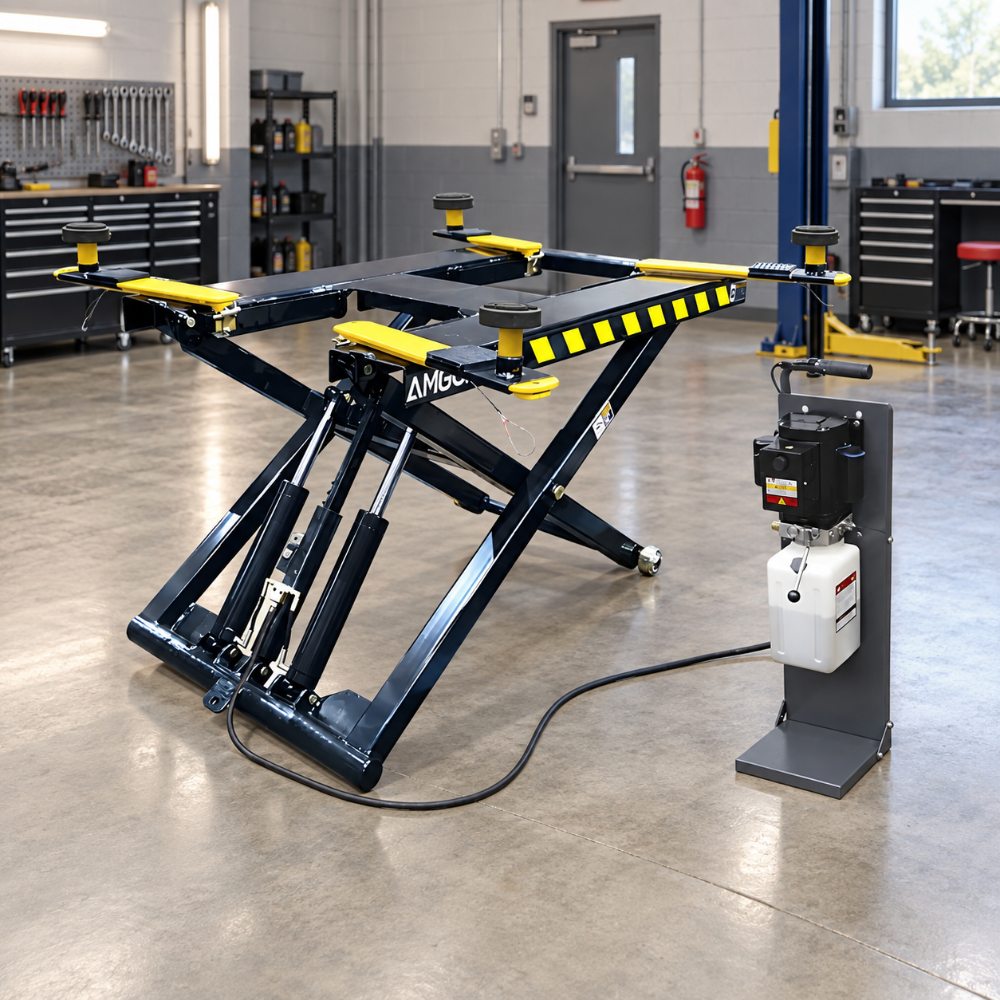 AMGO MR06 Portable Mid-Rise Scissor Lift with detachable power unit in a professional garage workshop