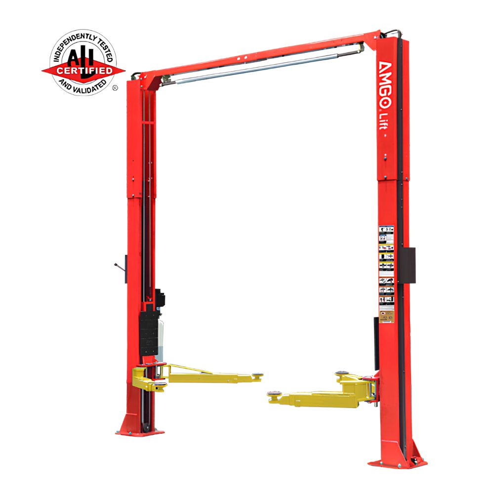 AMGO OH-10 Clear Floor Two-Post Lift full product view with ALI certification badge