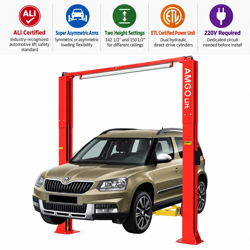 AMGO OH-10 Clear Floor Two-Post Lift with ALI certification, super asymmetric arms, two height settings, ETL power unit, and 220V requirement