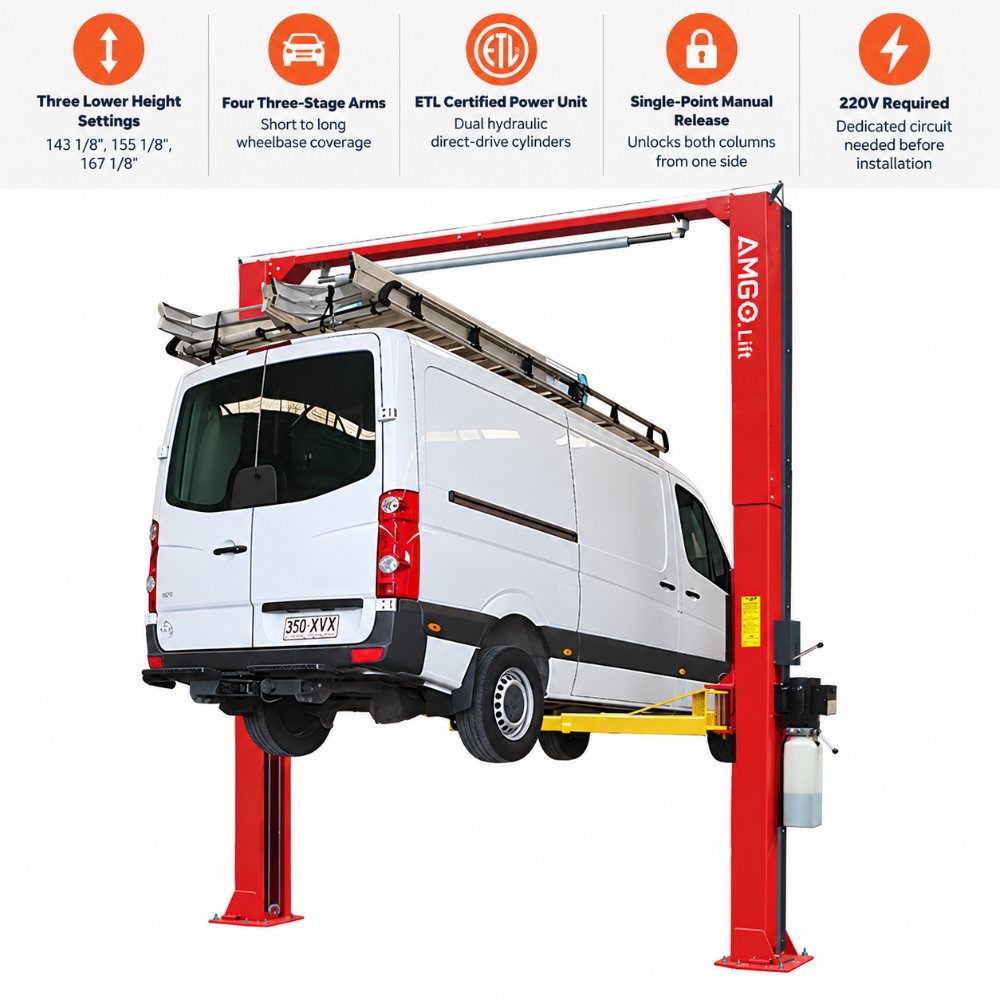 AMGO OH-12S Clear Floor Two-Post Lift raising a commercial van with feature bar highlighting height settings, three-stage arms, ETL power unit, manual release and 220V requirement