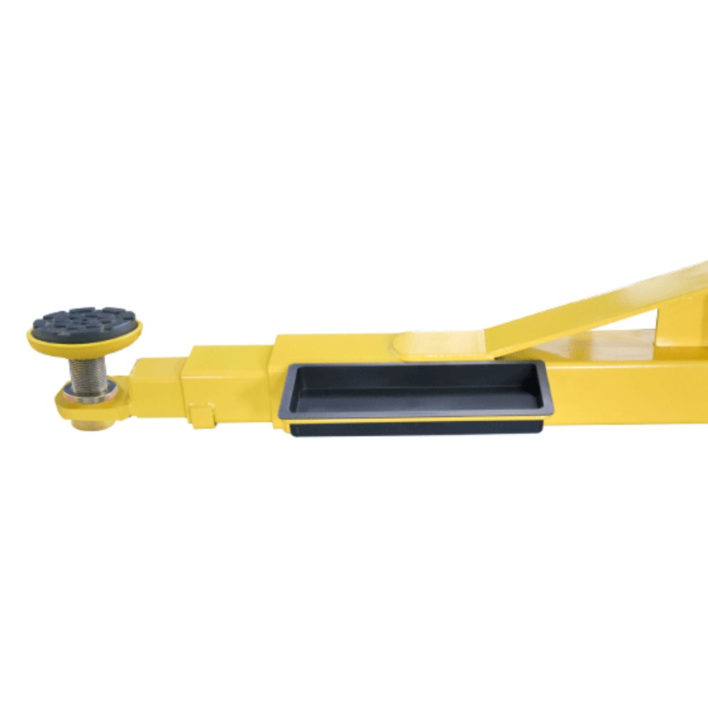 AMGO OH-12S Clear Floor Two-Post Lift yellow three-stage lifting arm with rubber pad and integrated tool tray