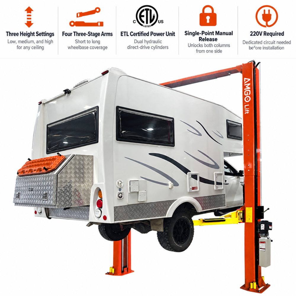 AMGO OH-12 Clear Floor Two-Post Lift raising an RV with three height settings, four three-stage arms and single-point manual release