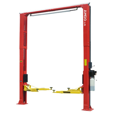 AMGO OH-12 Clear Floor Two-Post Lift with red overhead columns, yellow three-stage arms and hydraulic power unit
