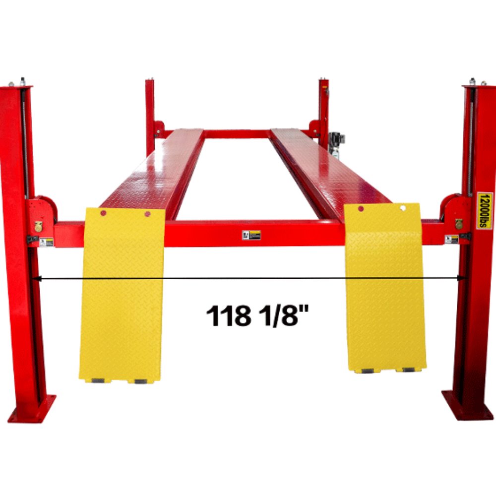 AMGO PRO-12SX Four-Post Lift front view showing 118 1/8-inch extra-wide spacing between columns