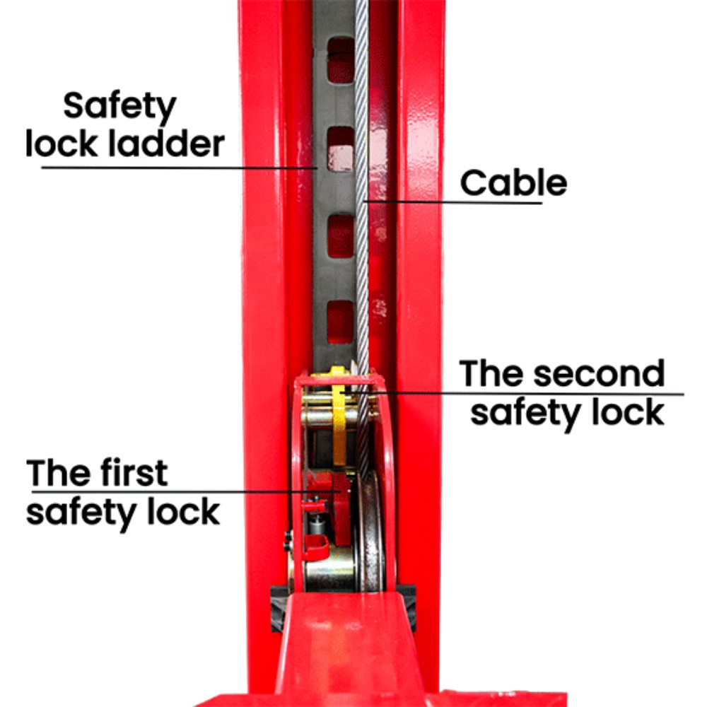 AMGO PRO-12SX Four-Post Lift safety lock system with lock ladder, cable, primary lock and secondary lock