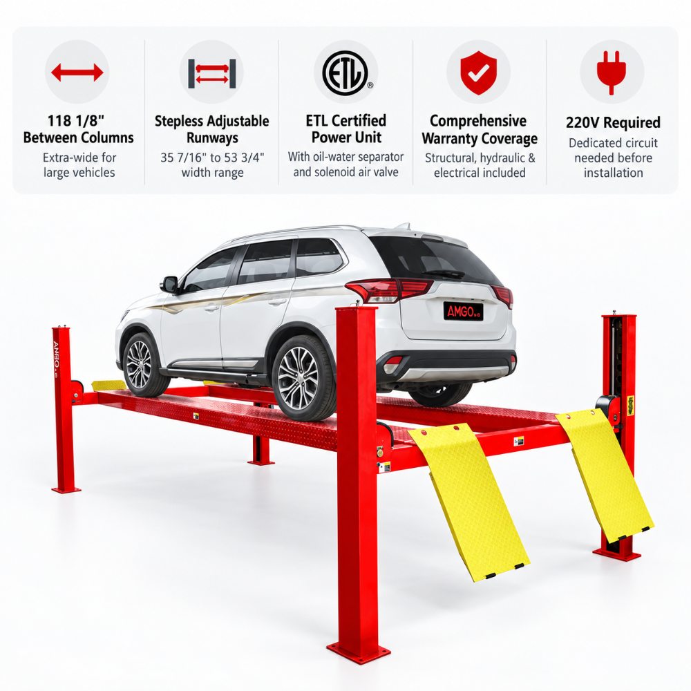 AMGO PRO-12SX Four-Post Lift with 118 1/8-inch column spacing, stepless adjustable runways, ETL power unit and 220V operation
