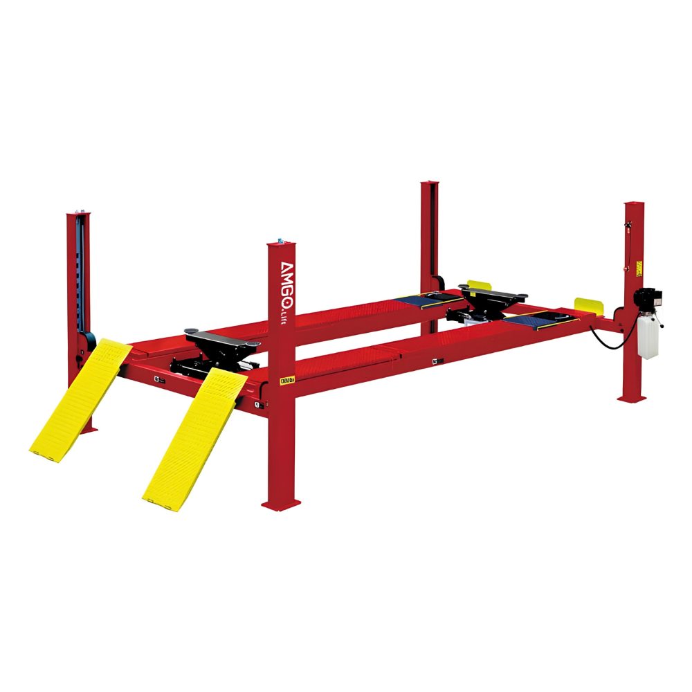 AMGO PRO-12SX Four-Post Lift with red four-post frame, adjustable runways and yellow approach ramps
