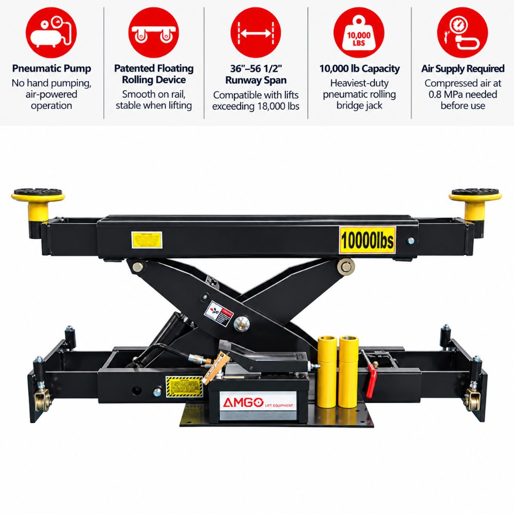 AMGO RJ-10A Pneumatic Rolling Bridge Jack with 10,000 lb capacity, pneumatic pump, floating rolling device and 36 to 56.5 inch runway span