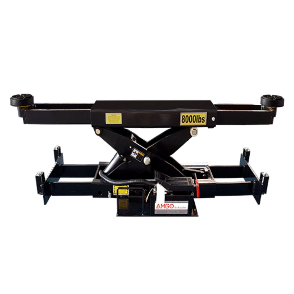 AMGO RJ-8A Pneumatic Rolling Bridge Jack front view with 8,000 lb capacity lifting beam