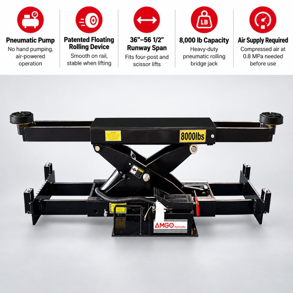 AMGO RJ-8A Pneumatic Rolling Bridge Jack with pneumatic pump, floating rolling device, 36 to 56 1/2 inch runway span and 8,000 lb capacity