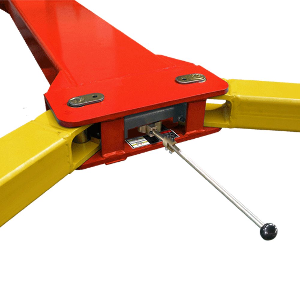 AMGO SML-7 Mobile Single Post Lift patented arm-lock release system with single-handed release operation