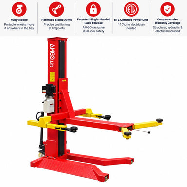 AMGO SML-7 Mobile Single Post Lift with feature bar highlighting mobility, patented bionic arms, single-handed lock release, ETL certified power unit and warranty coverage