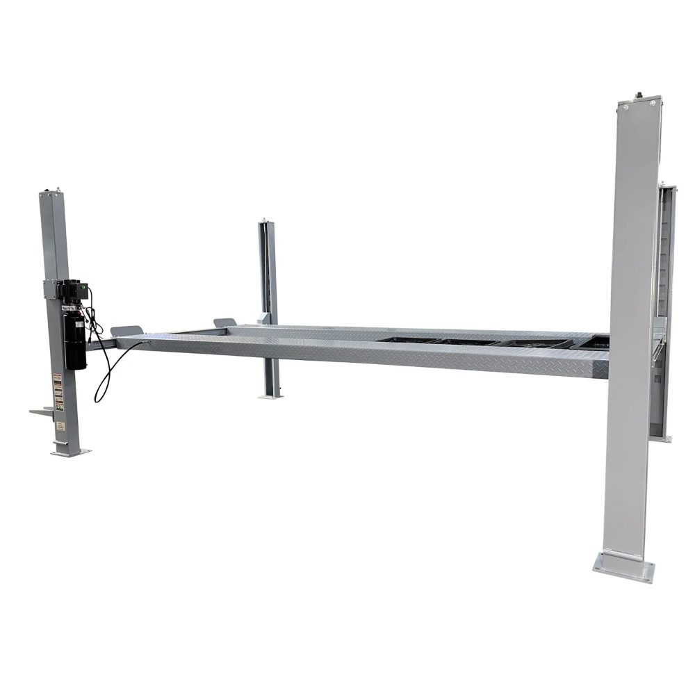 Side angle view of Triumph NSS-11 Four-Post Lift in the raised position