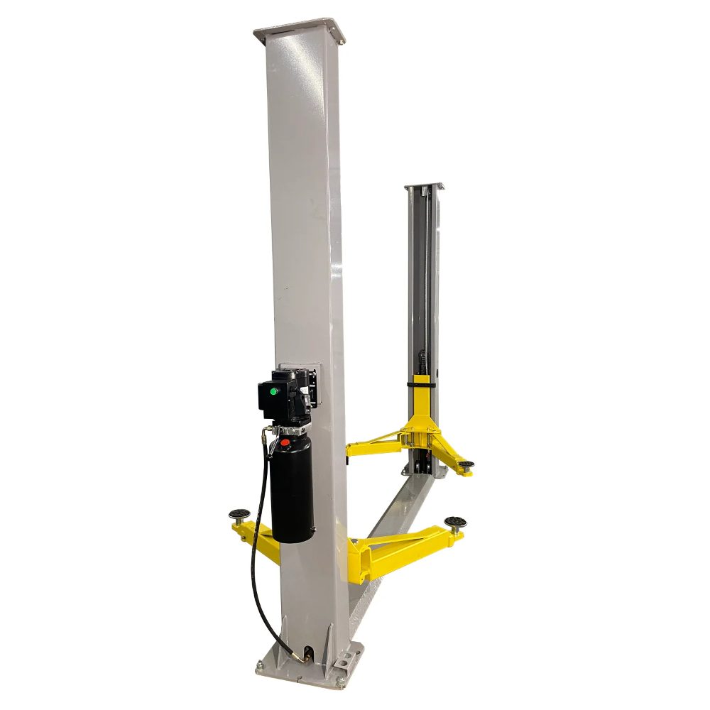 Side view of Triumph NT-9 Two-Post Floor Plate Lift showing the hydraulic power unit and yellow arms