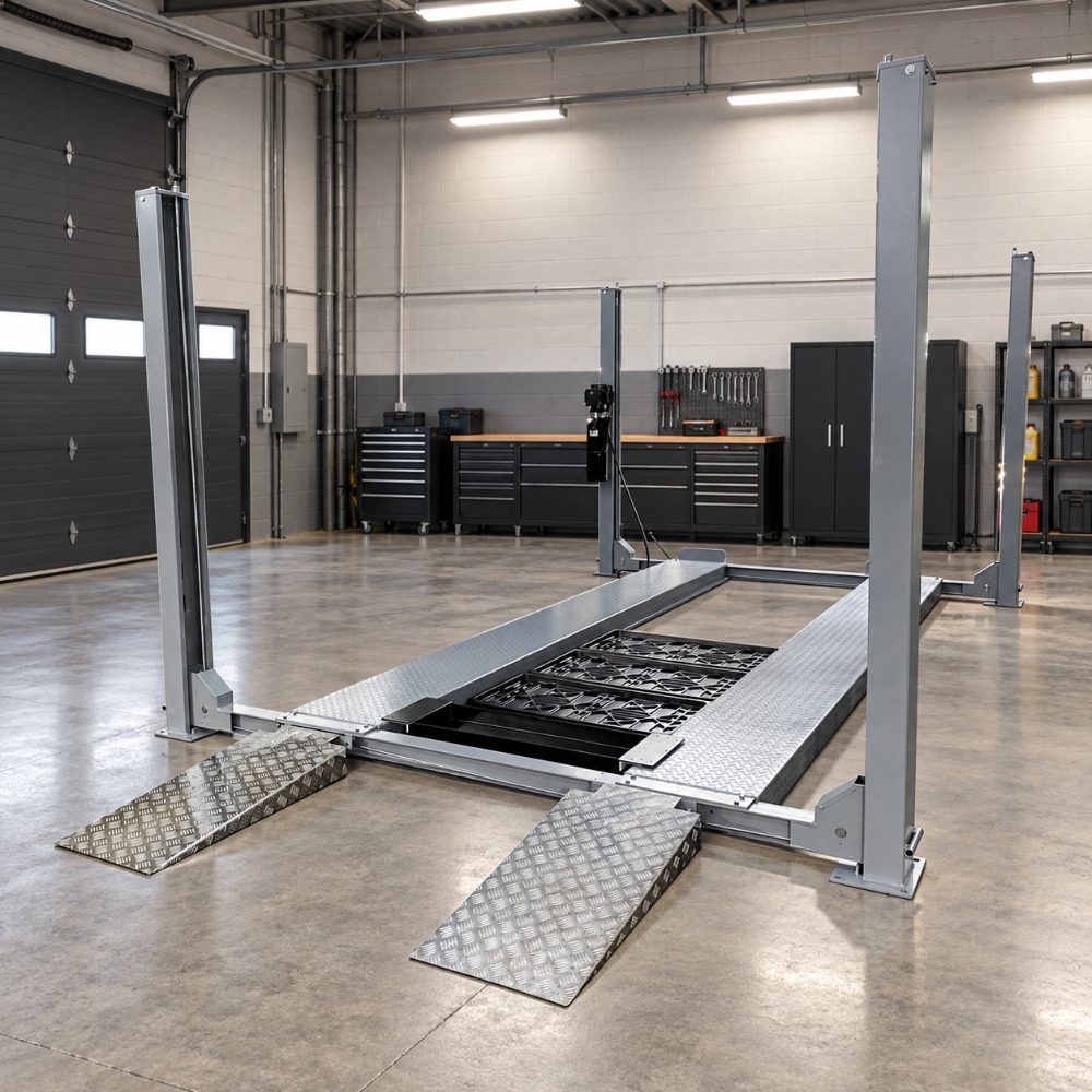 Triumph NSS-11 Four-Post Lift shown at floor level with approach ramps in a professional garage