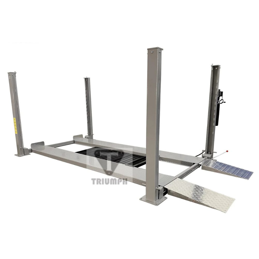 Triumph NSS-8XLT 8,000 lb Four-Post Car Lift angled view with aluminum approach ramps