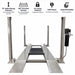 Triumph NSS-8XLT 8,000 lb Four-Post Car Lift feature graphic with clearance, runway, locking positions, plug-in power and caster kit