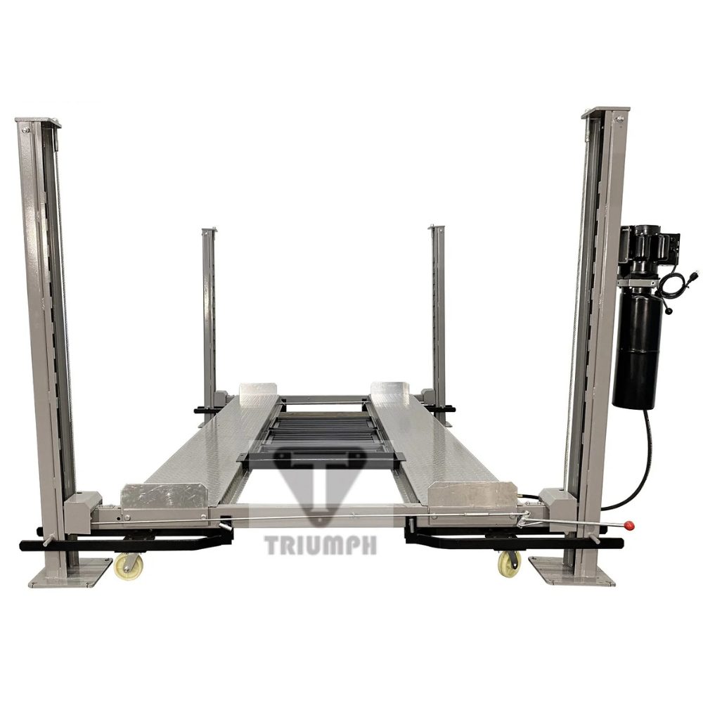 Triumph NSS-8XLT 8,000 lb Four-Post Car Lift front view with runways and caster kit.