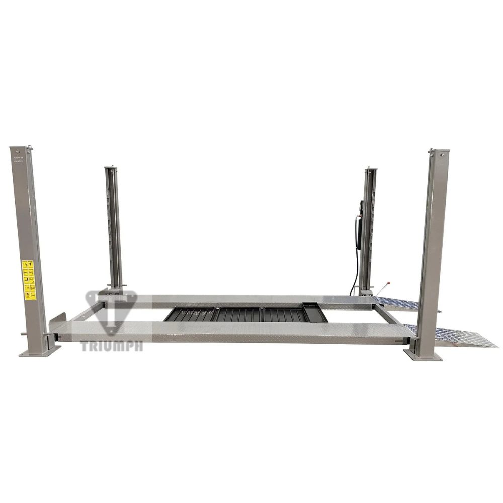 Triumph NSS-8XLT 8,000 lb Four-Post Car Lift side view with extended runways and approach ramps