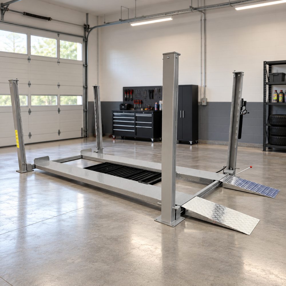 Triumph NSS-8XLT 8,000 lb Four-Post Car Lift with approach ramps in a professional garage