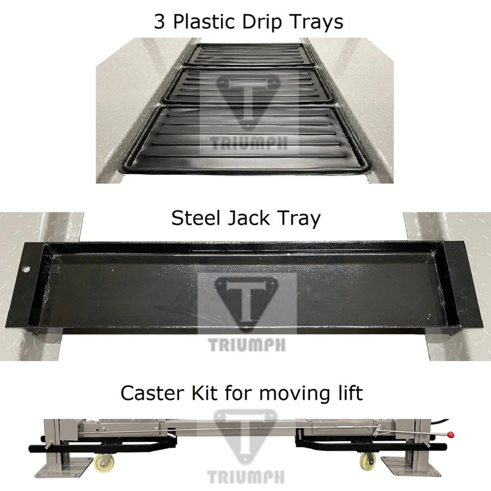 Triumph NSS-8 Classic 8,000 lb. accessories including three drip trays, steel jack tray and caster kit
