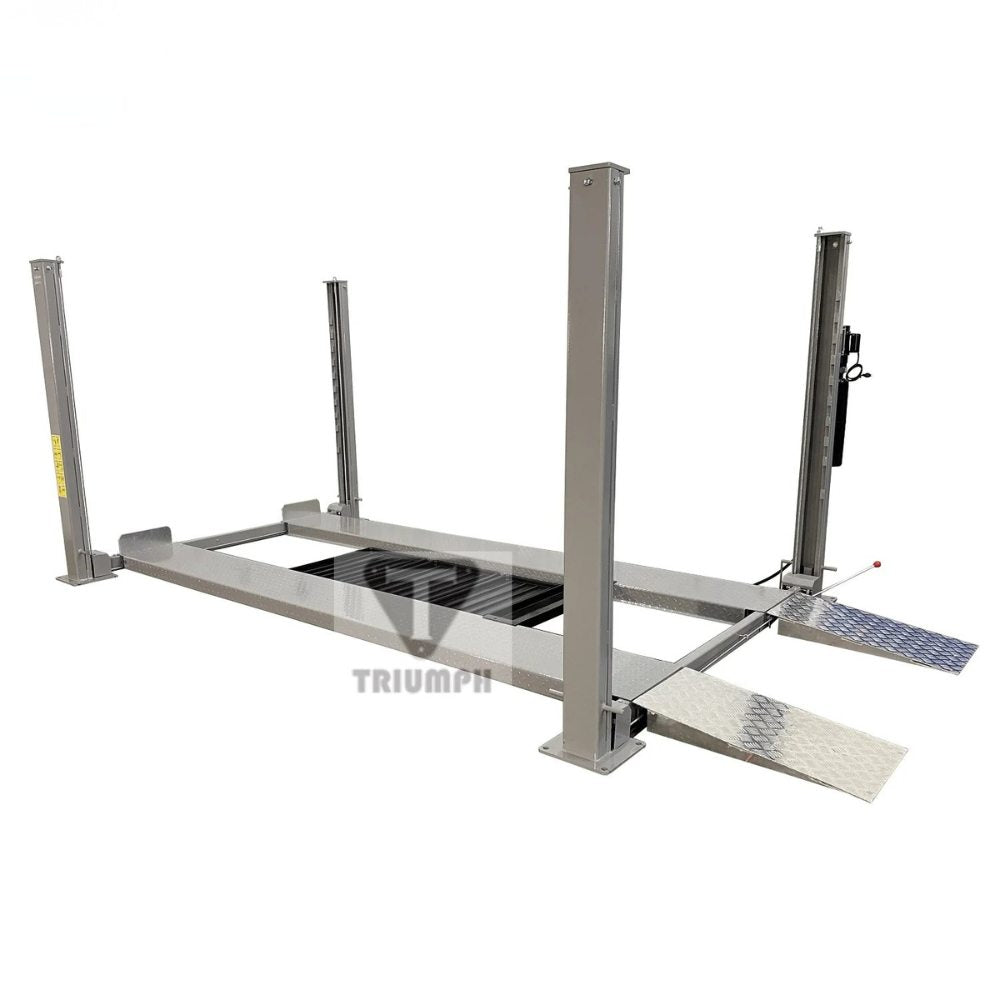 Triumph NSS-8 Classic 8,000 lb. angled view showing four-post structure, runways and approach ramps