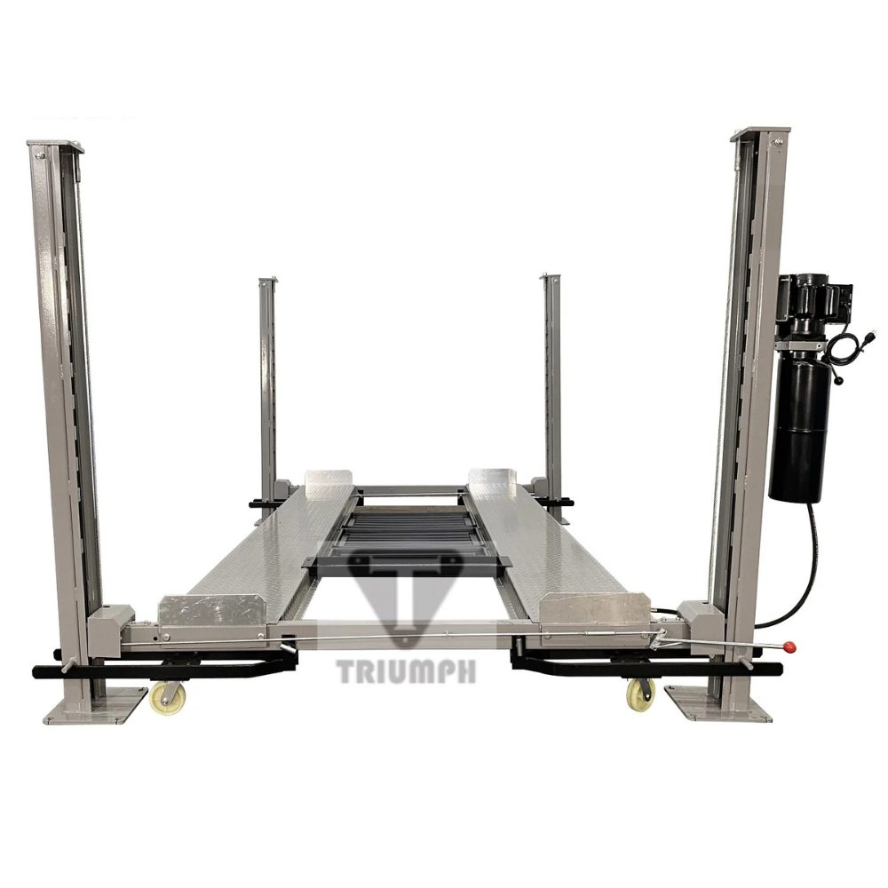 Triumph NSS-8 Classic 8,000 lb. four-post lift shown lowered with caster kit and runways