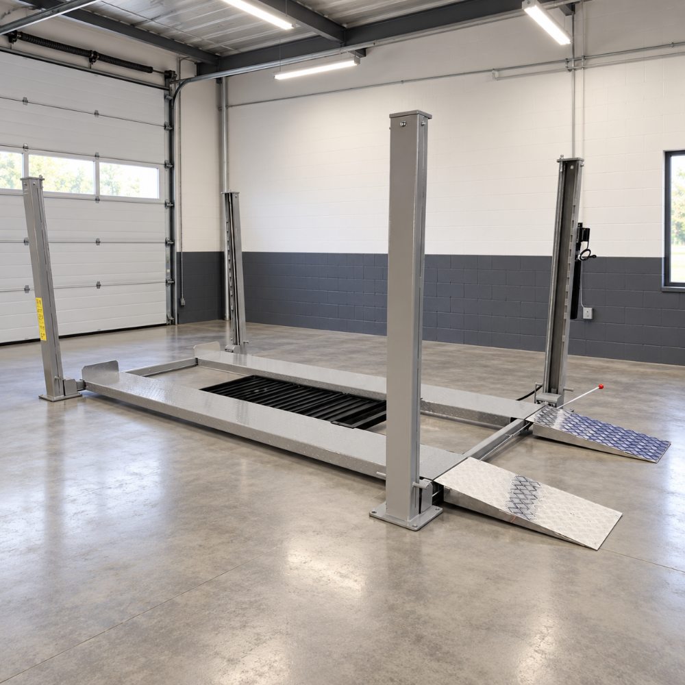Triumph NSS-8 Classic 8,000 lb. installed in a garage with lowered runways and approach ramps