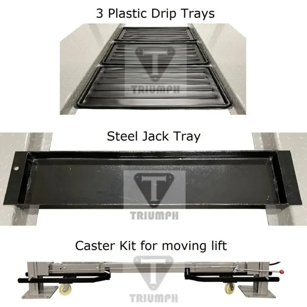 Triumph NSS8X-1 Four-Post Lift accessories showing three plastic drip trays, steel jack tray, and caster kit
