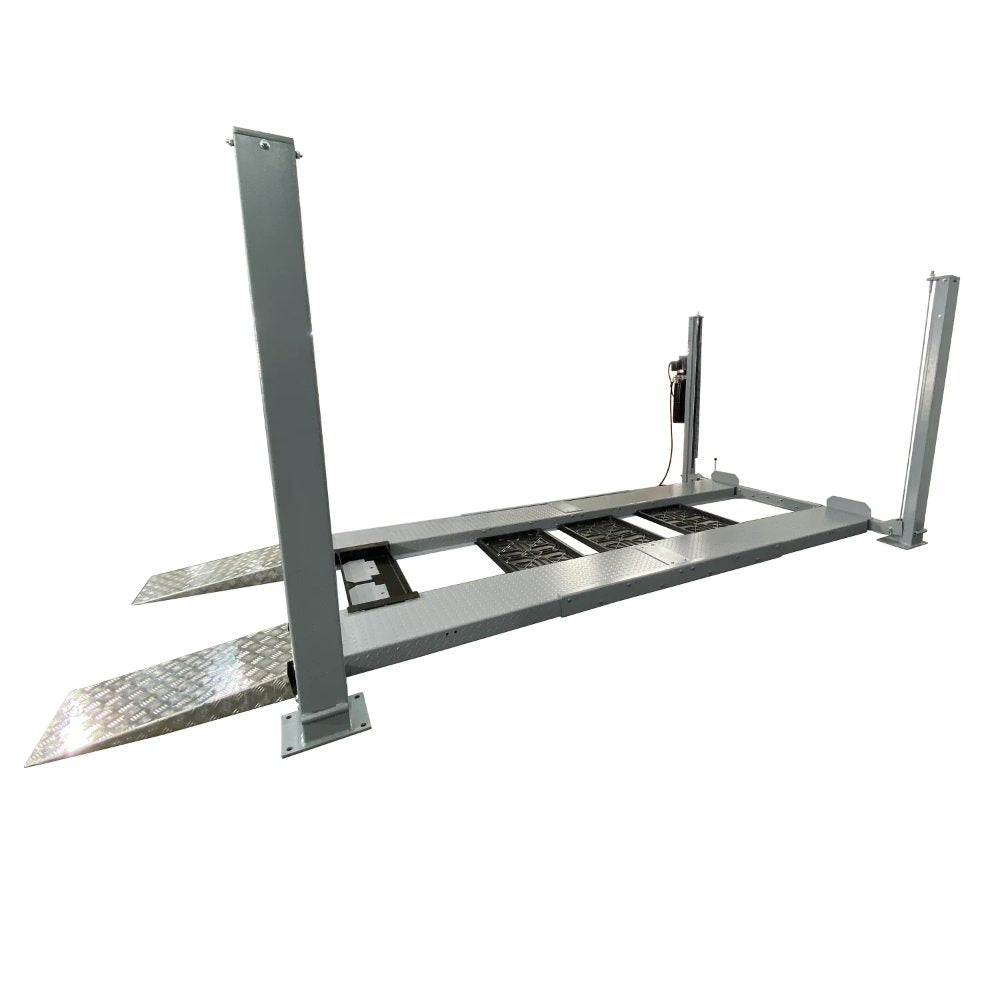 Triumph NSS8X-1 Four-Post Lift angled view showing the four posts, runways, center trays, and ramps