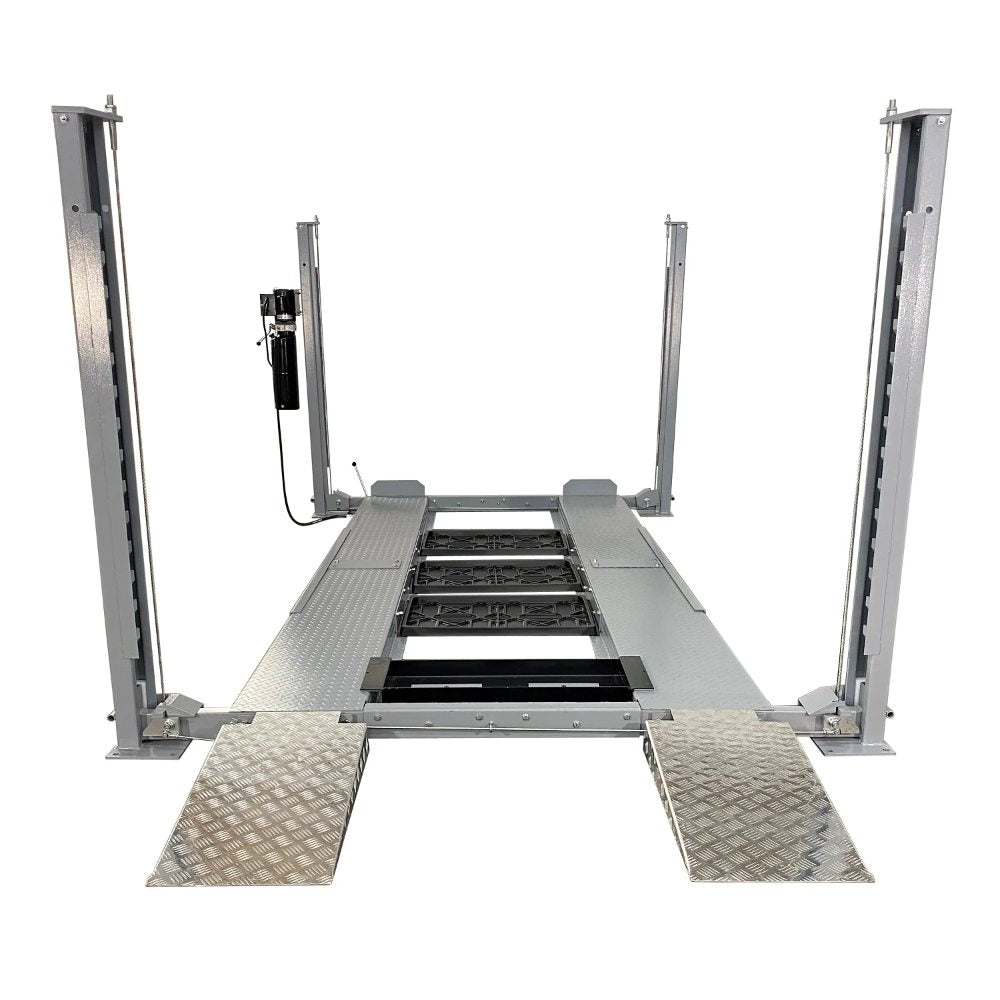 Triumph NSS8X-1 Four-Post Lift front product view with runways, center trays, and ramps