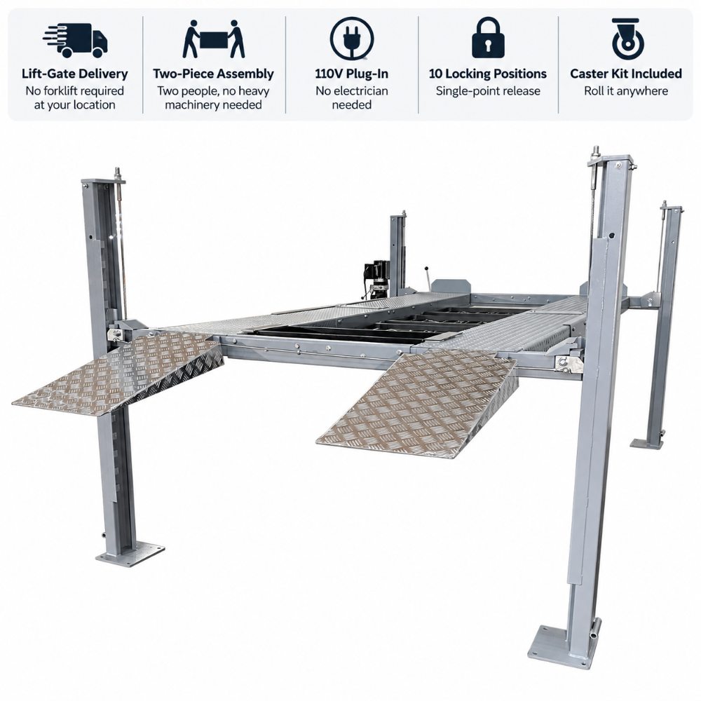 Triumph NSS8X-1 Four-Post Lift showing lift-gate delivery, two-piece assembly, 110V plug-in, 10 locking positions, and included caster kit