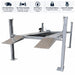 Triumph NSS8X-1 Four-Post Lift showing lift-gate delivery, two-piece assembly, 110V plug-in, 10 locking positions, and included caster kit