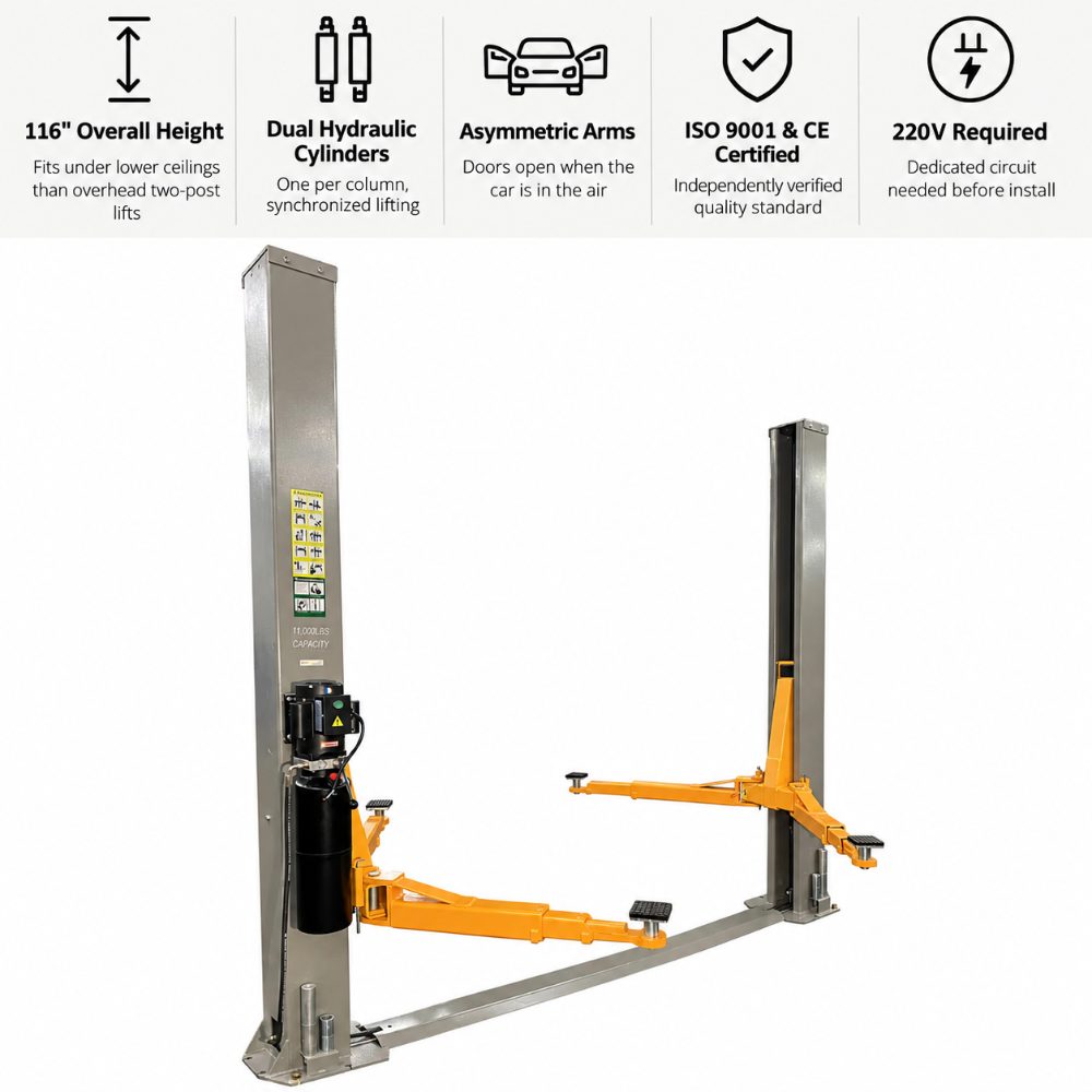 Triumph NT-11 Two-Post Auto Lift with 116-inch overall height, dual hydraulic cylinders and asymmetric arms