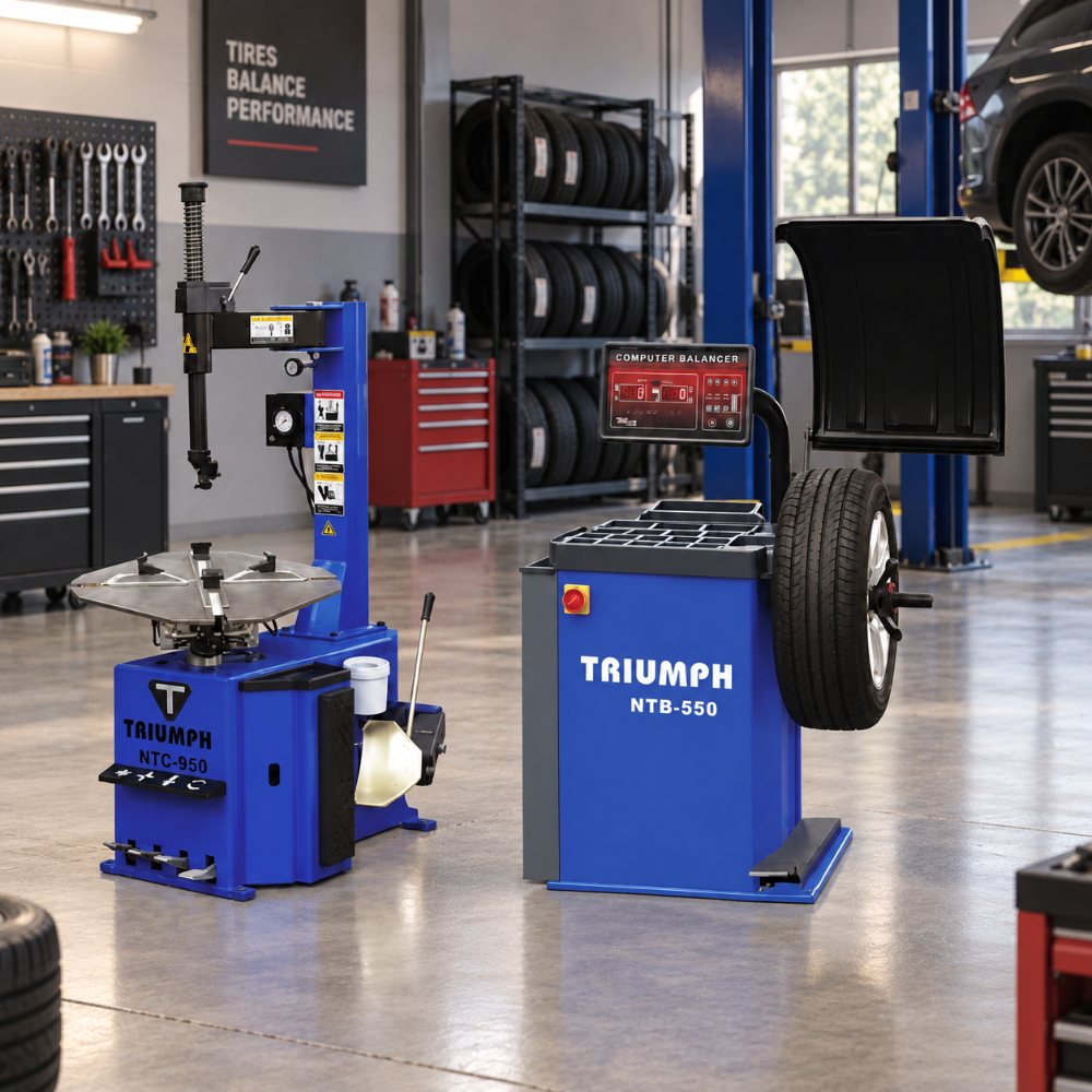 Triumph NTC-950 & NTB-550 Tire Changer and Wheel Balancer Combo set up in an automotive garage