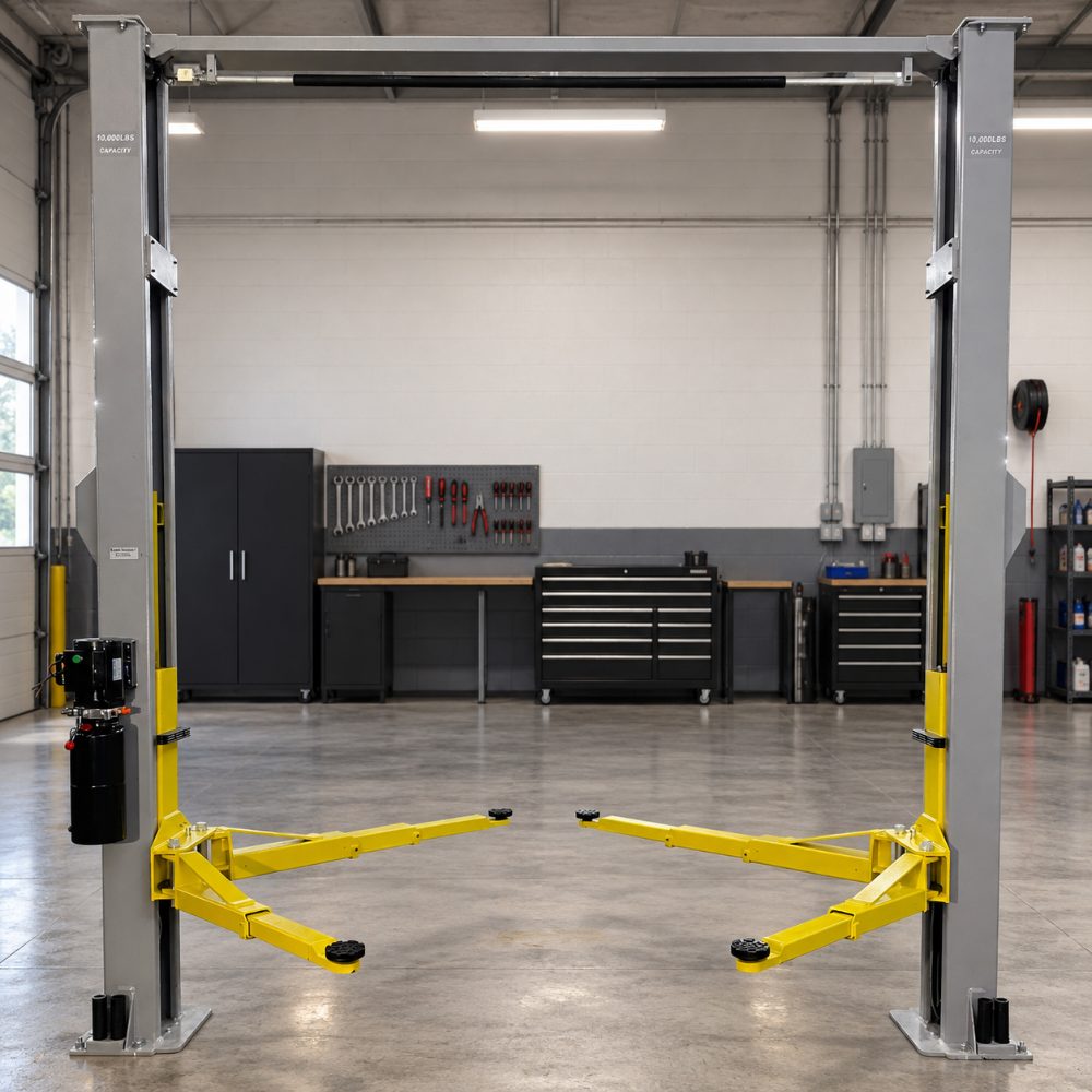 Triumph NTO-10A Overhead Two-Post Lift front view installed in a professional garage
