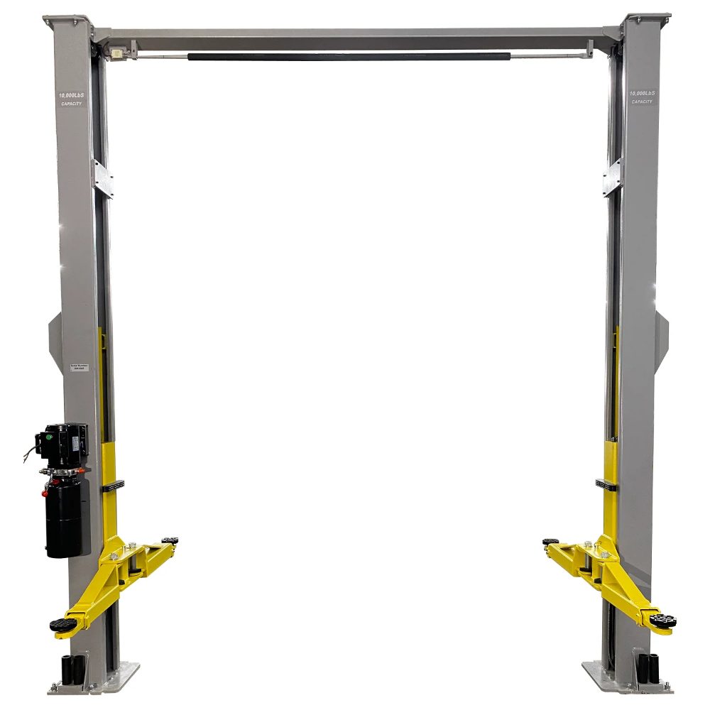 Triumph NTO-10A Overhead Two-Post Lift front view with yellow lifting arms