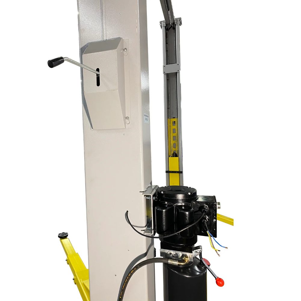 Triumph NTO-10A Overhead Two-Post Lift single-point lock release and power unit detail