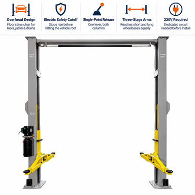 Triumph NTO-10A Overhead Two-Post Lift with overhead design, safety cutoff, single-point release and three-stage arms